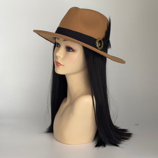 CAMEL FEDORA WITH SYNTHETIC HAIR