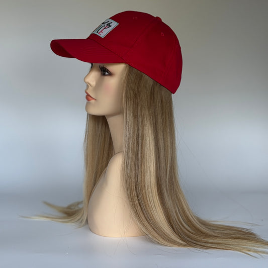 SAVED BY GRACE HUMAN HAIR/ RED VELCRO ADJUSTABLE BASEBALL CAP
