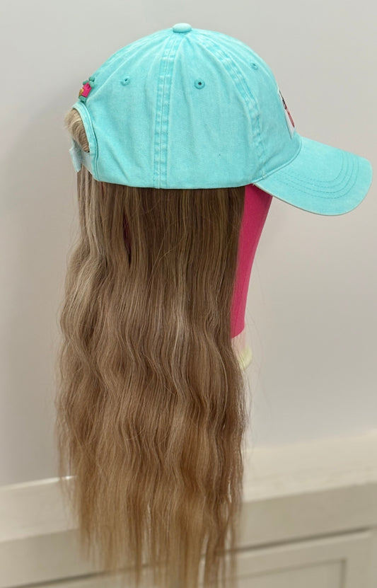 SAVED BY GRACE HUMAN HAIR/ TURQUOISE VELCRO ADJUSTABLE BASEBALL CAP