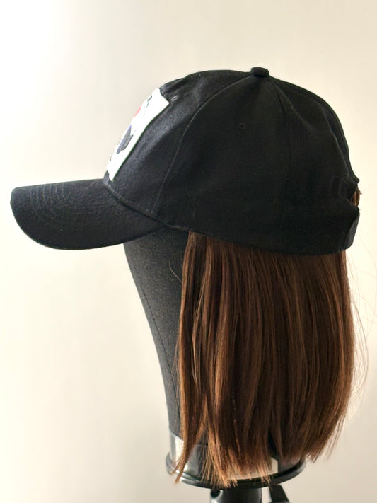 BLACK VELCRO ADJUSTABLE BASEBALL CAP/ SYNTHETIC HAIR