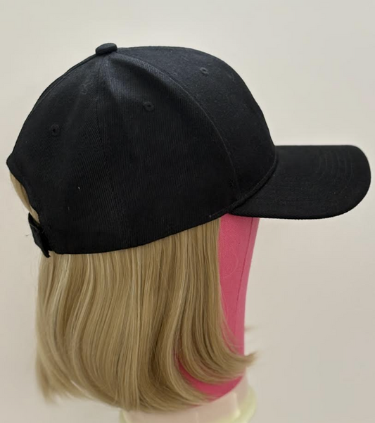 BLACK VELCRO ADJUSTABLE BASEBALL CAP/ SYNTHETIC HAIR