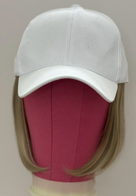 WHITE VELCRO ADJUSTABLE BASEBALL CAP/ SYNTHETIC HAIR