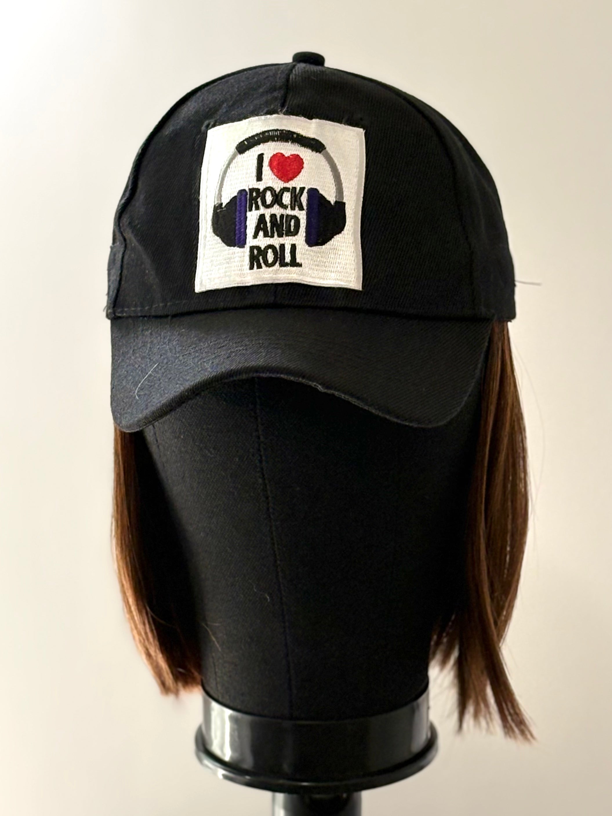 BLACK VELCRO ADJUSTABLE BASEBALL CAP/ SYNTHETIC HAIR
