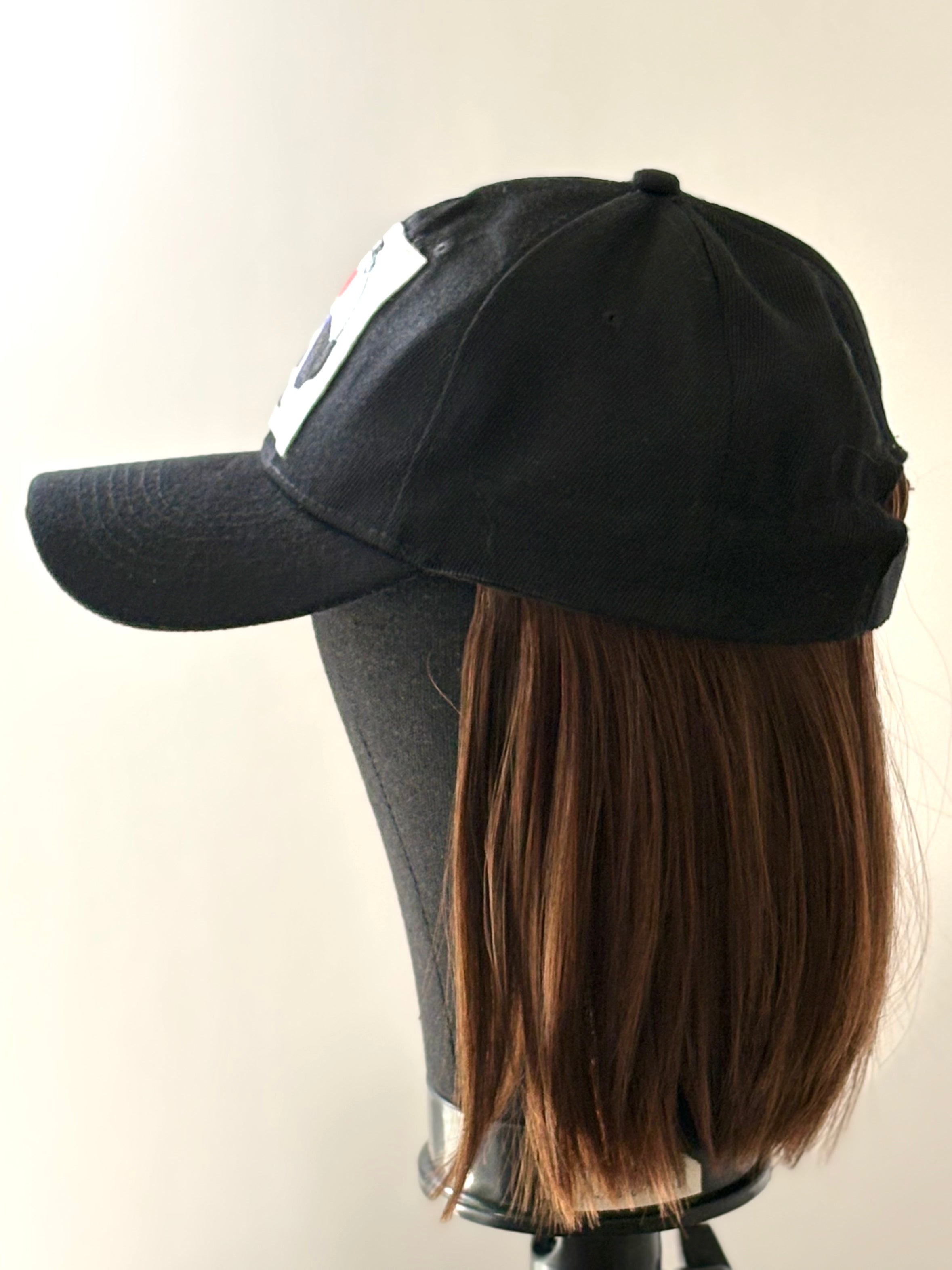 BLACK VELCRO ADJUSTABLE BASEBALL CAP/ SYNTHETIC HAIR