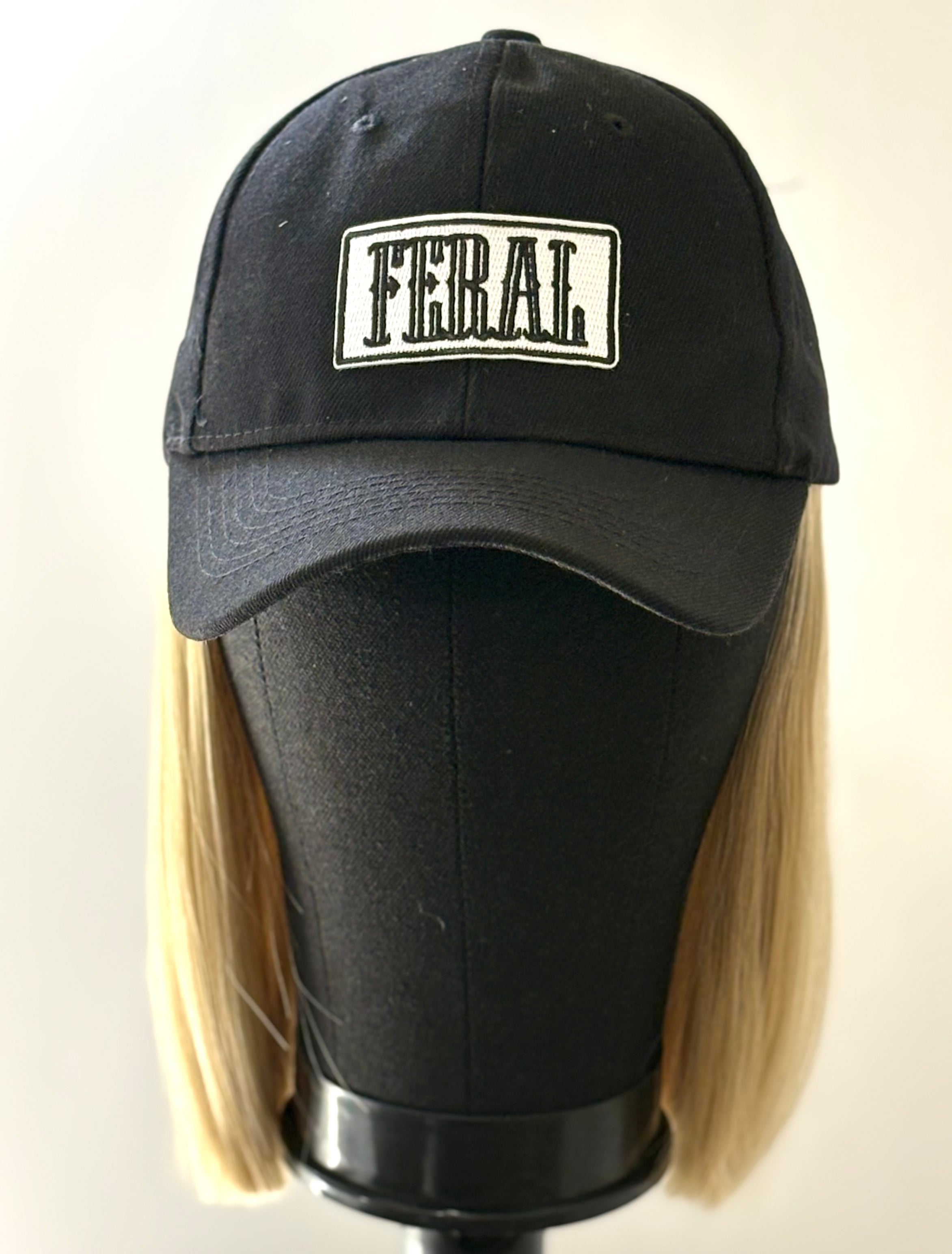 BLACK VELCRO ADJUSTABLE BASEBALL CAP/ SYNTHETIC HAIR