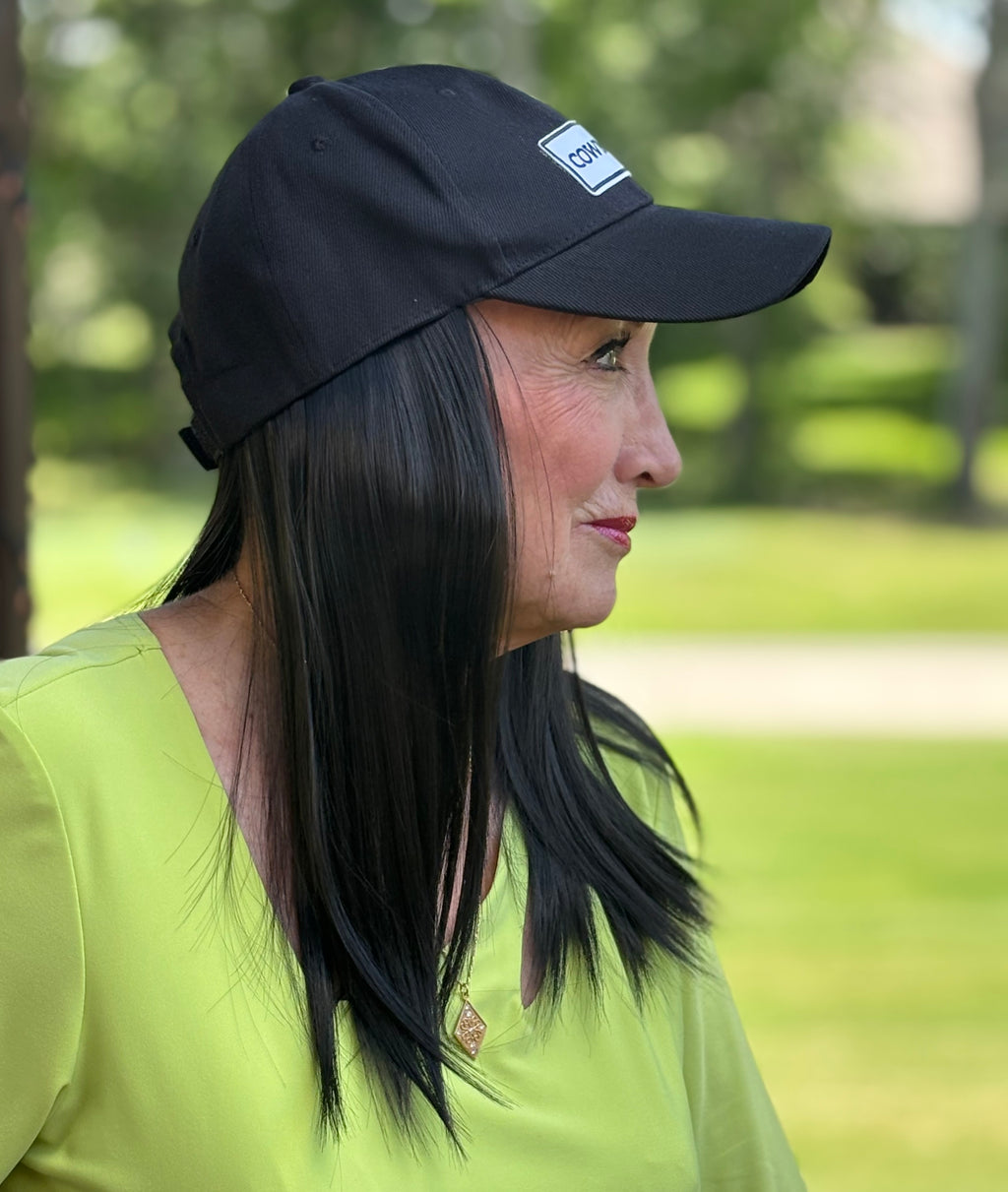 BLACK VELCRO ADJUSTABLE BASEBALL CAP/ SYNTHETIC HAIR