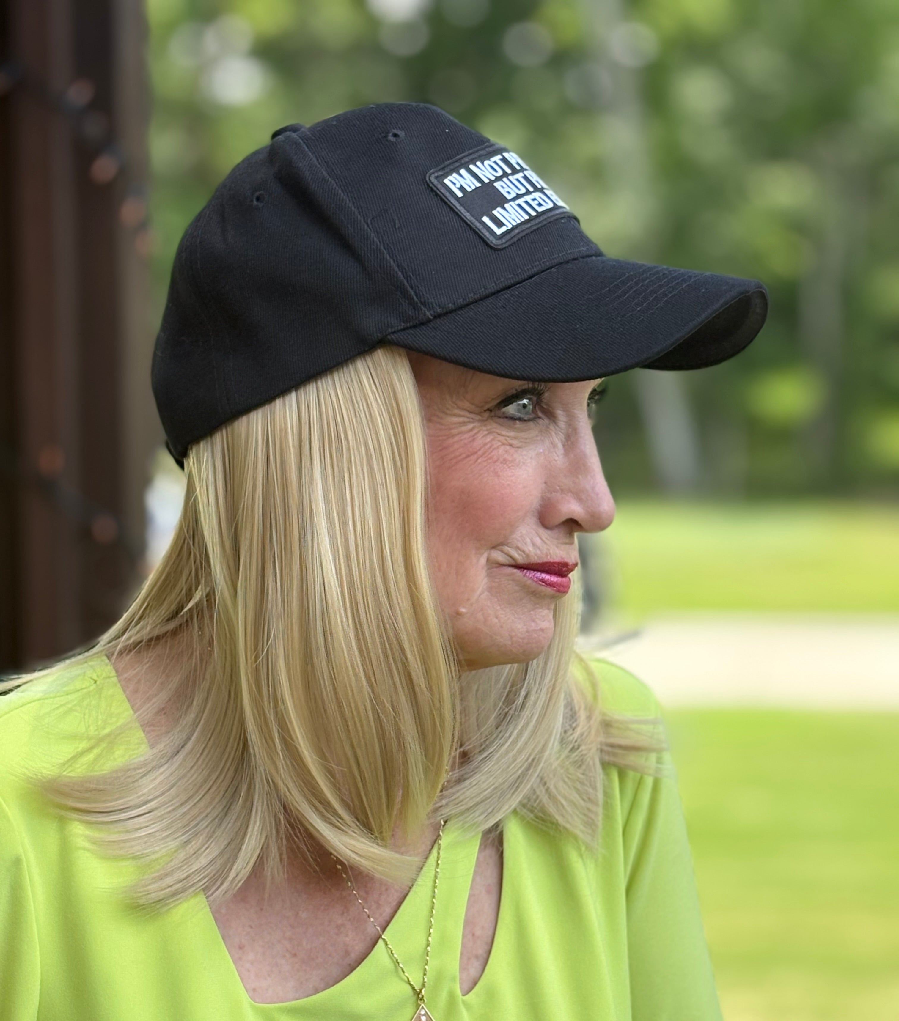 BLACK VELCRO ADJUSTABLE BASEBALL CAP/ SYNTHETIC HAIR