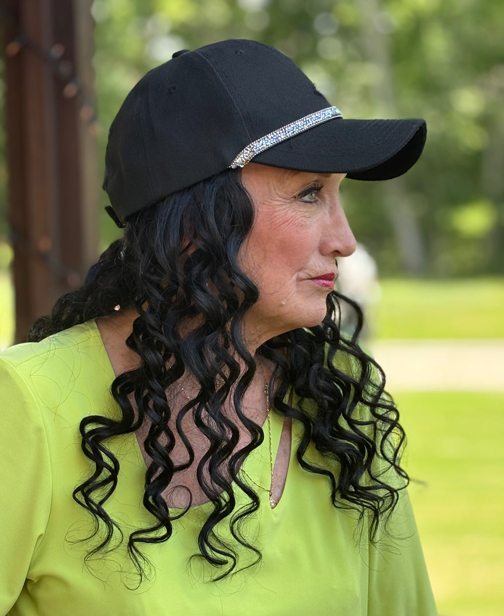 BLACK VELCRO ADJUSTABLE BASEBALL CAP/ SYNTHETIC HAIR