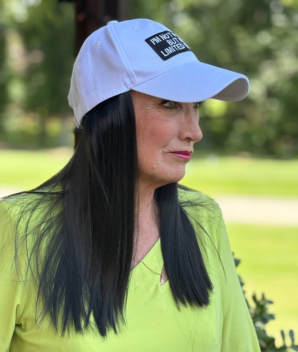 WHITE VELCRO ADJUSTABLE BASEBALL CAP/ SYNTHETIC HAIR