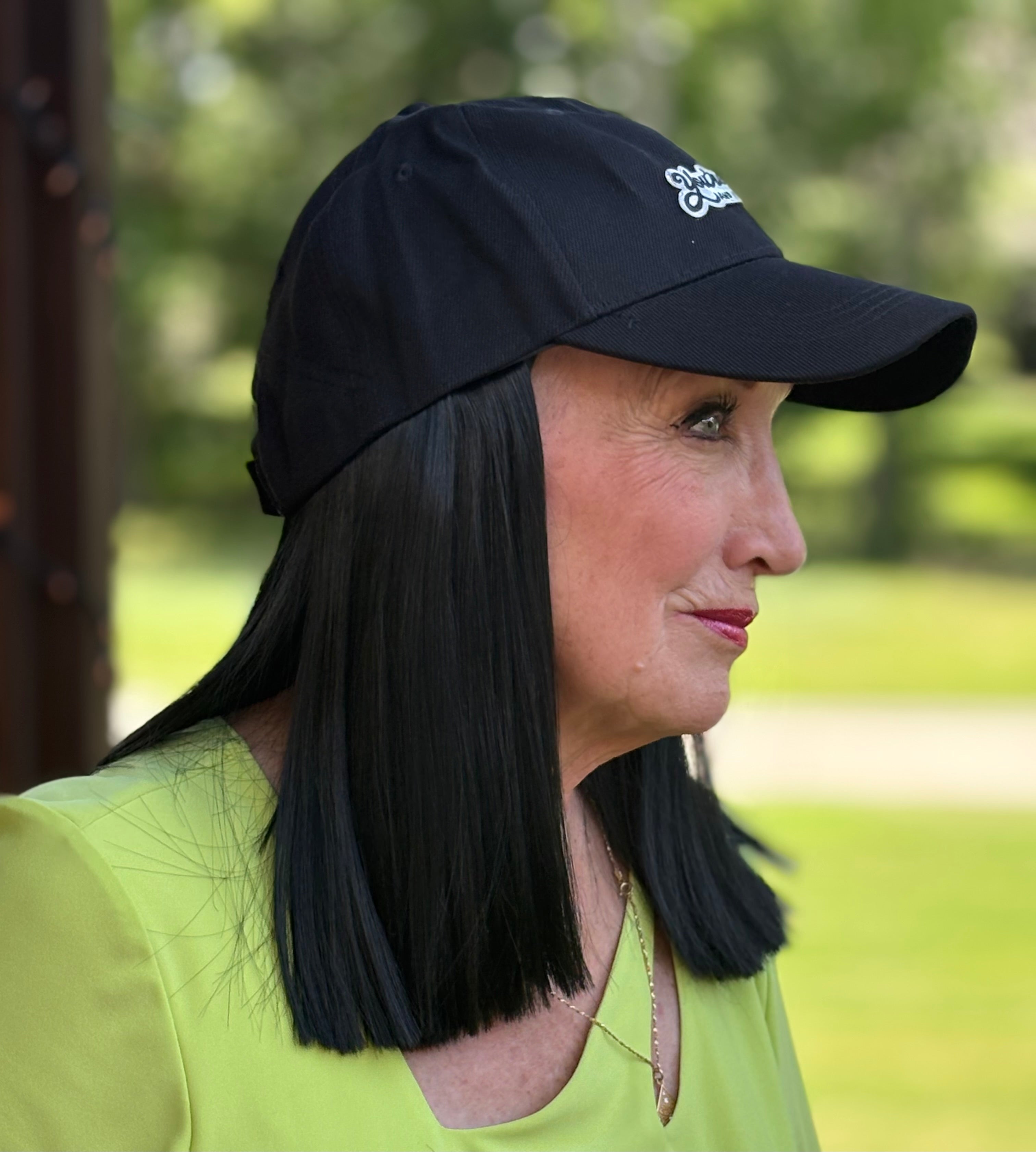 BLACK VELCRO ADJUSTABLE BASEBALL CAP/ SYNTHETIC HAIR