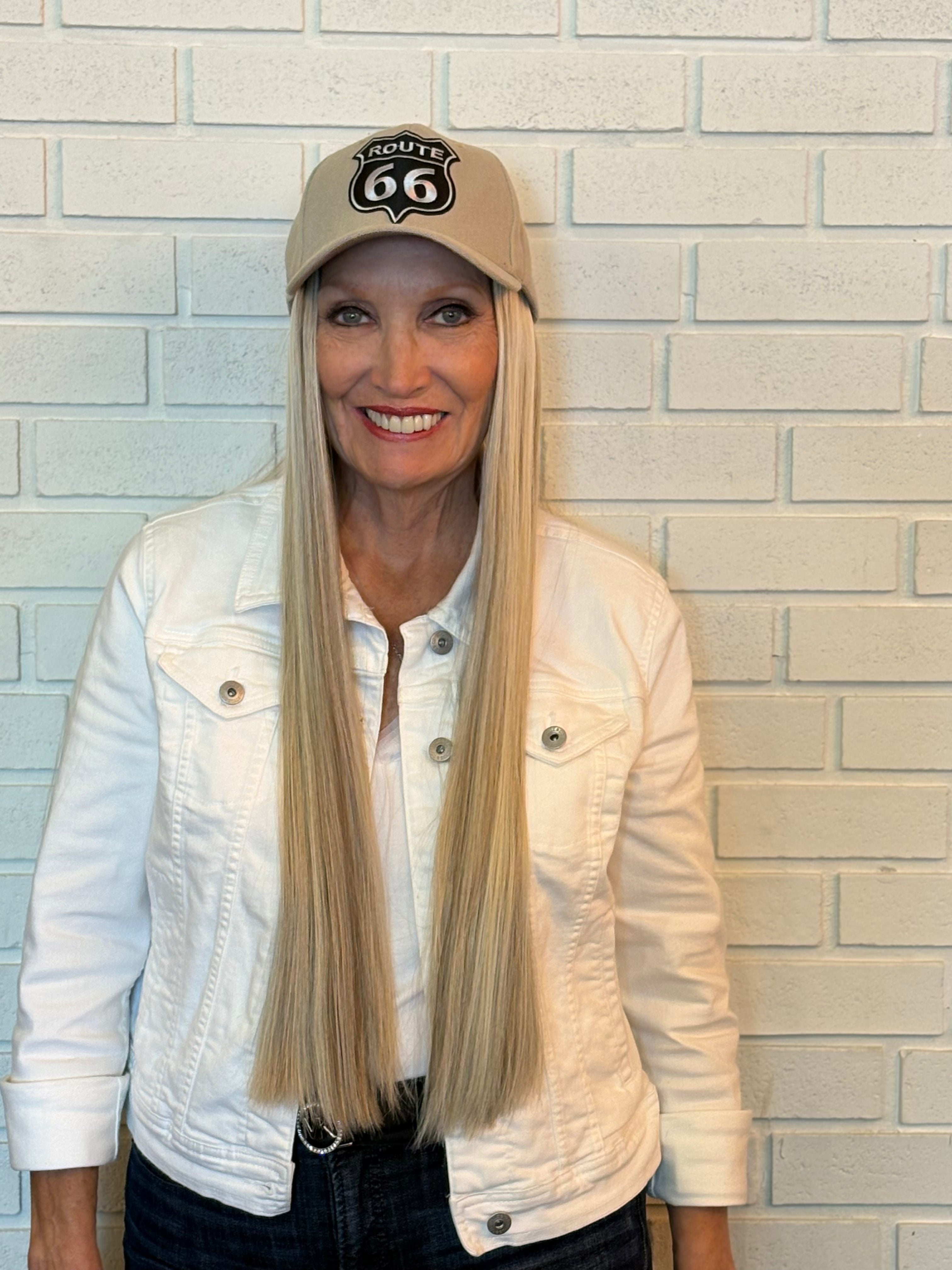 TAN VELCRO ADJUSTABLE BASEBALL CAP/ SYNTHETIC HAIR
