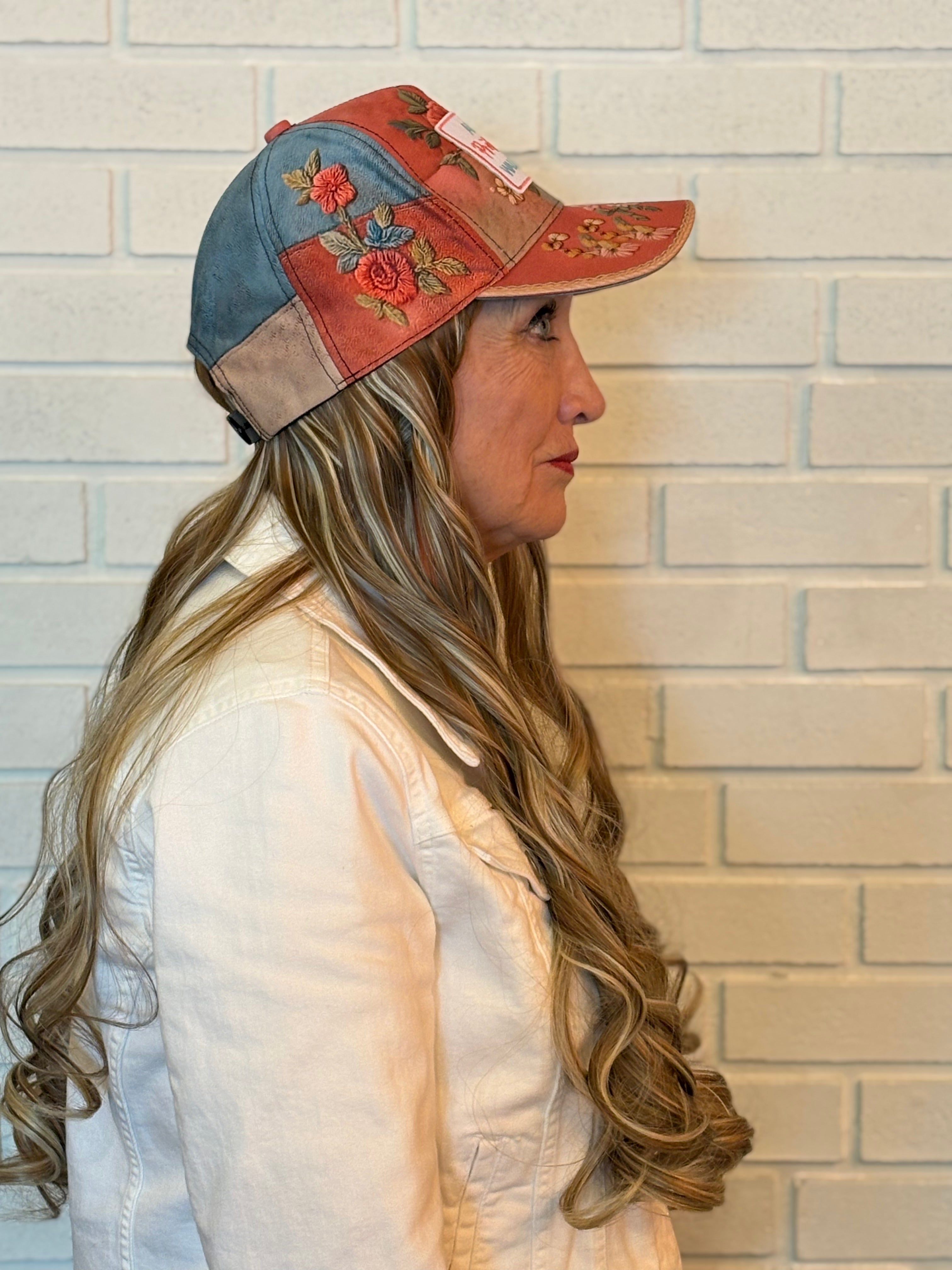 FLOWER HAT VELCRO ADJUSTABLE BASEBALL CAP/ SYNTHETIC HAIR