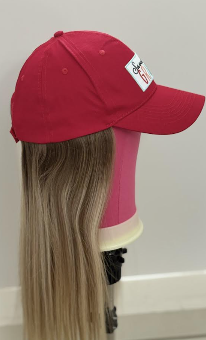SAVED BY GRACE HUMAN HAIR/ RED VELCRO ADJUSTABLE BASEBALL CAP
